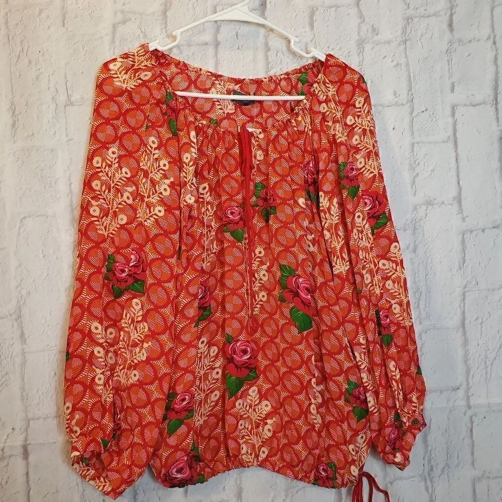 BENARES Red Rose Peasant Blouse Small